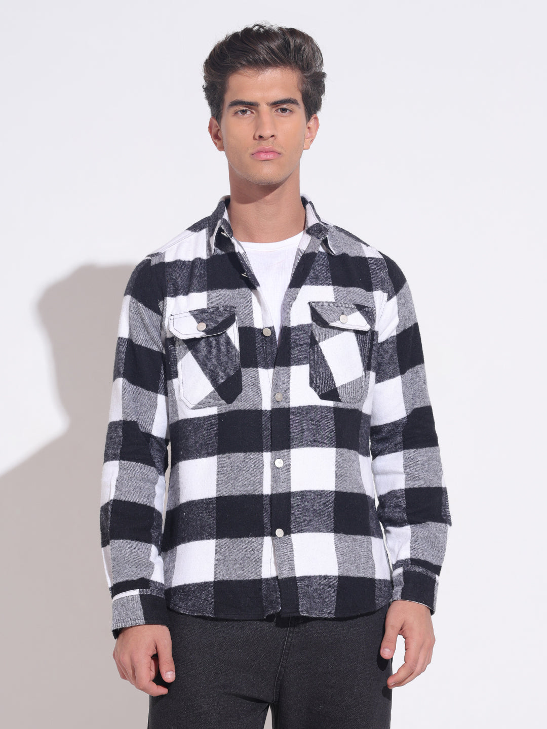 Men's Checked Black Regular Fit Shacket with Chest Pockets