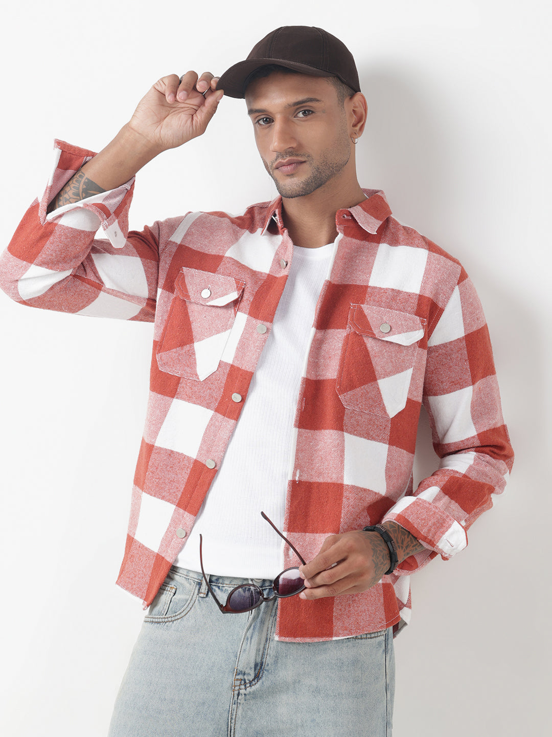 Men's Checked Red Regular Fit Shacket with Chest Pockets