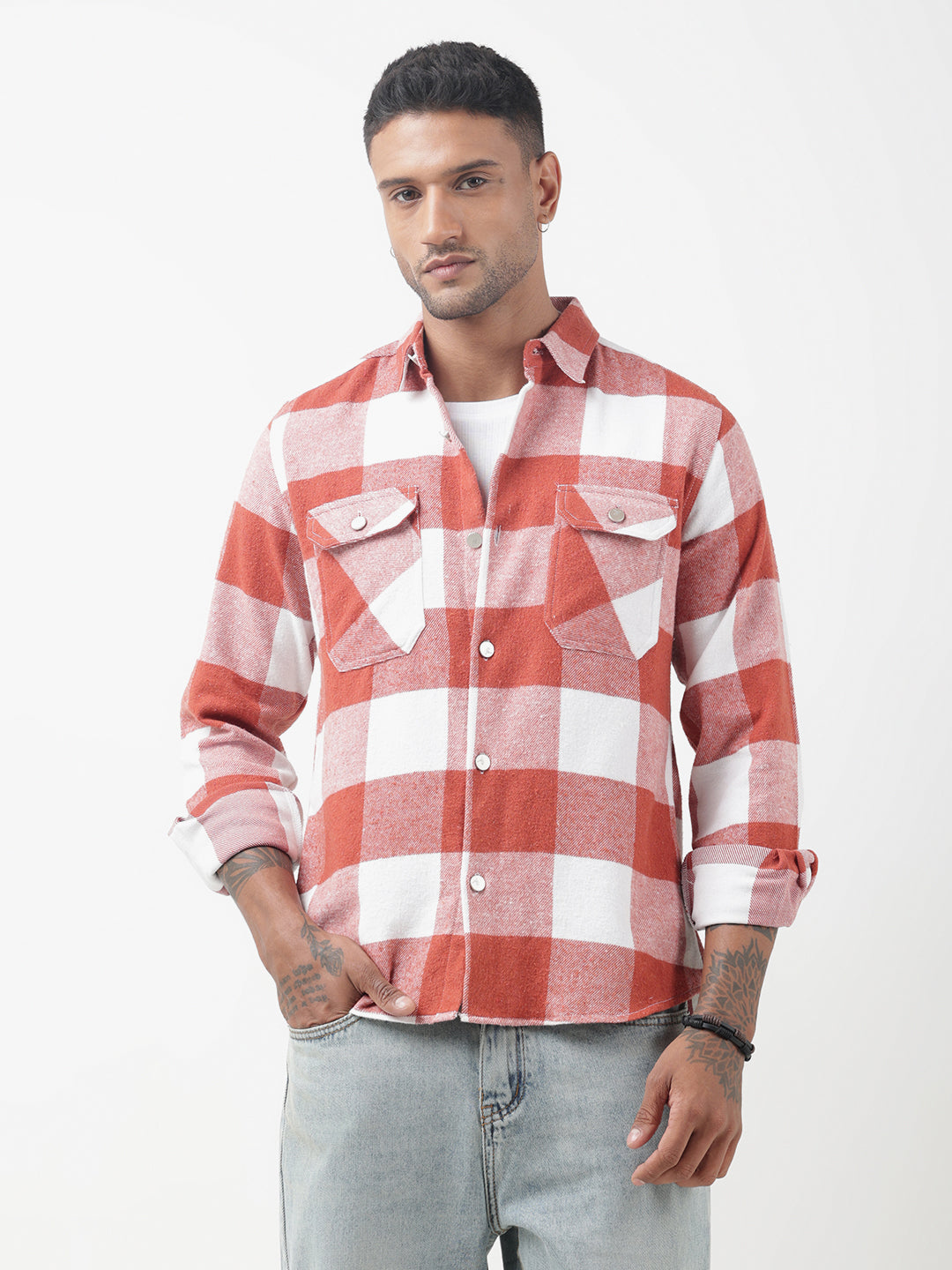 Men's Checked Red Regular Fit Shacket with Chest Pockets