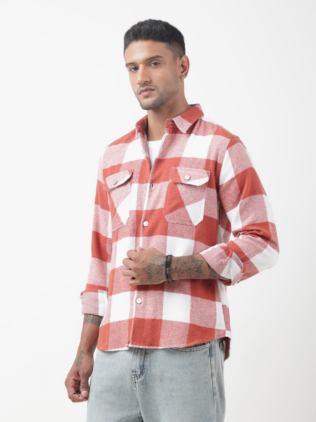 Men's Checked Red Regular Fit Shacket with Chest Pockets