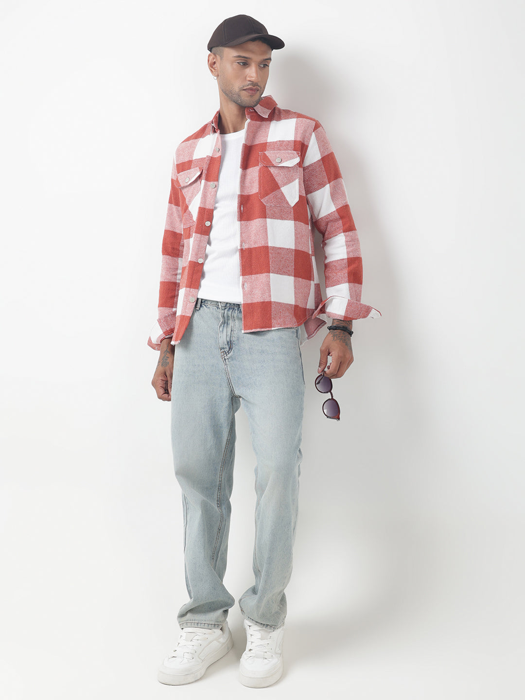 Men's Checked Red Regular Fit Shacket with Chest Pockets