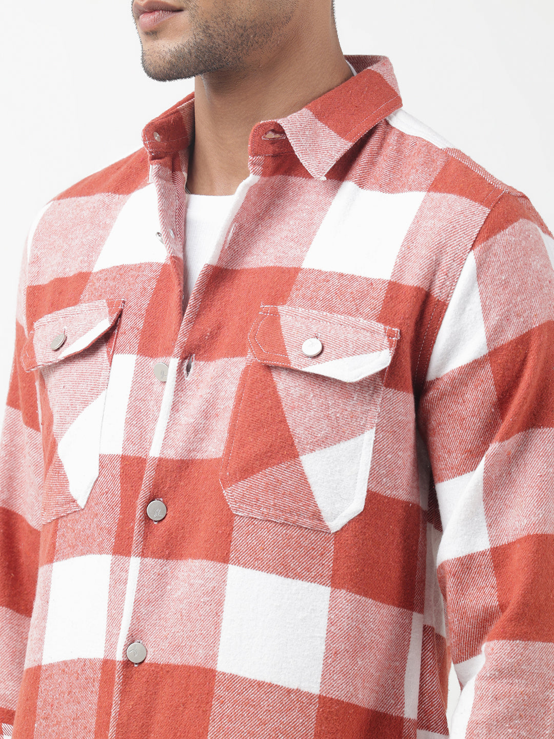 Men's Checked Red Regular Fit Shacket with Chest Pockets