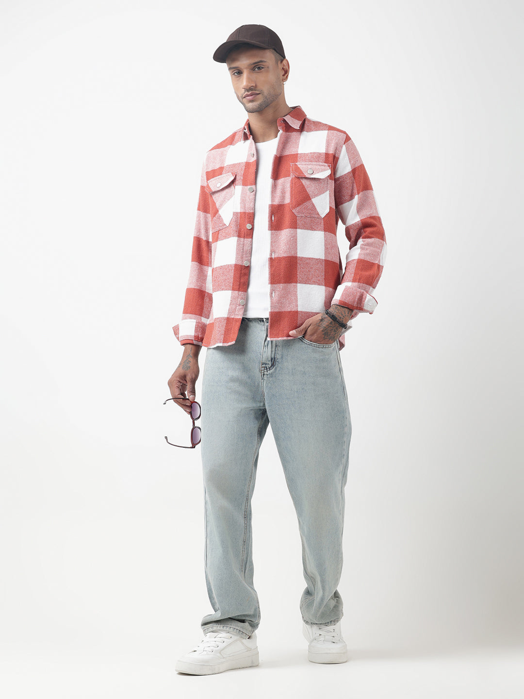 Men's Checked Red Regular Fit Shacket with Chest Pockets