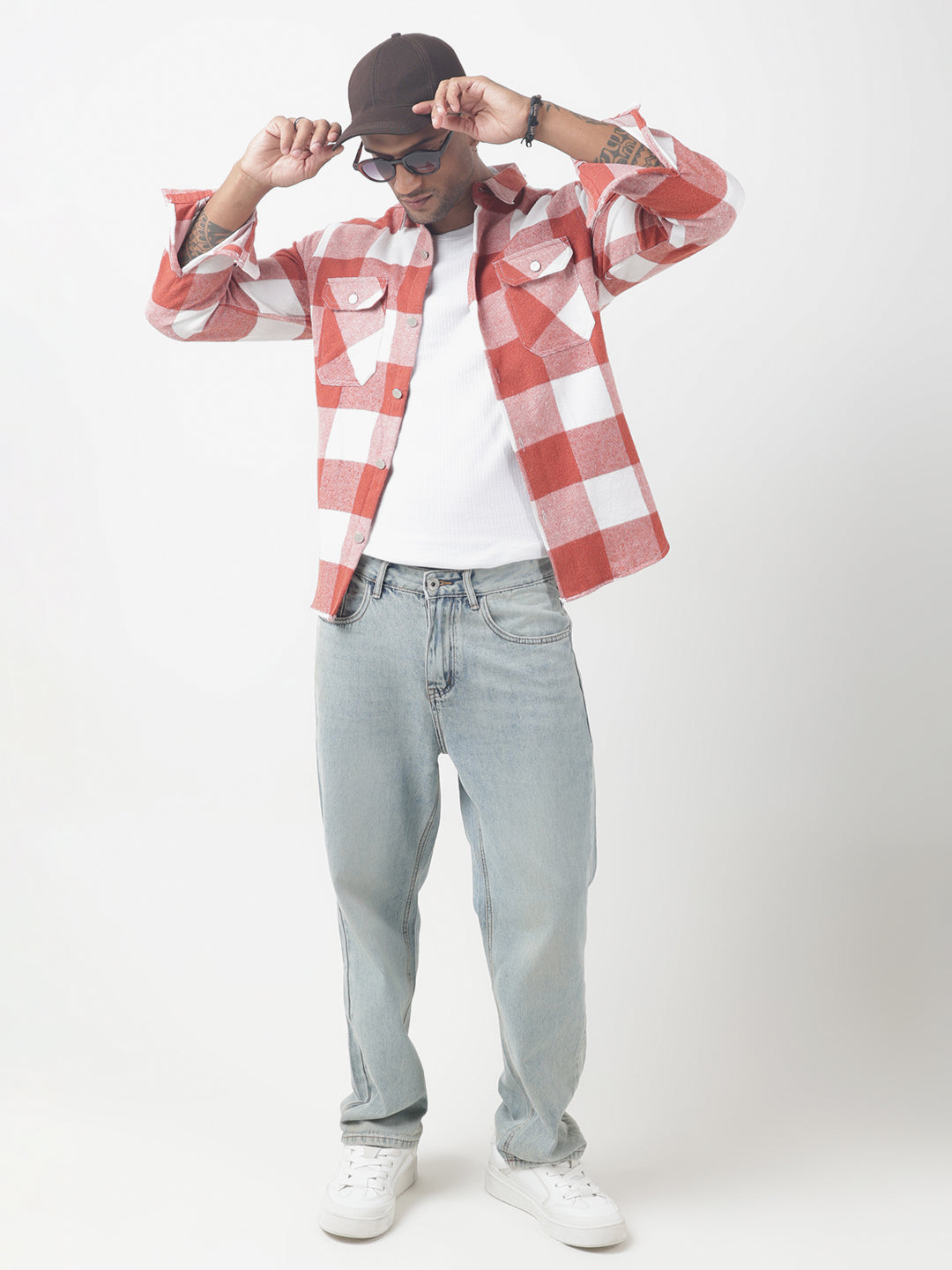 Men's Checked Red Regular Fit Shacket with Chest Pockets