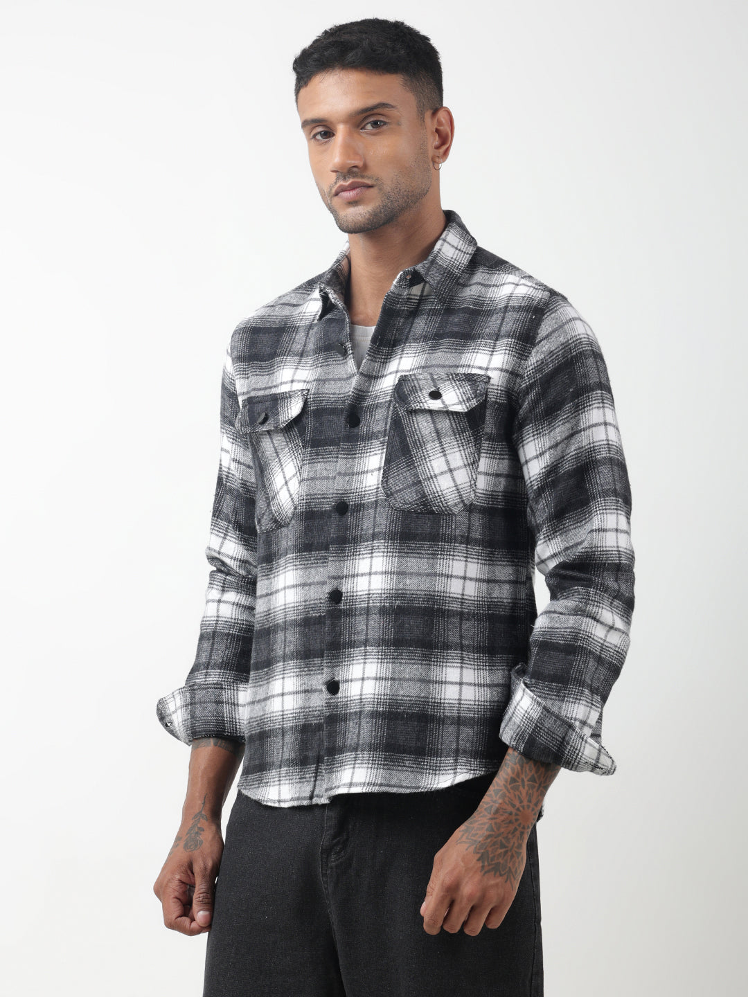 Men's Checked Black Plaid Shacket with Chest Pockets