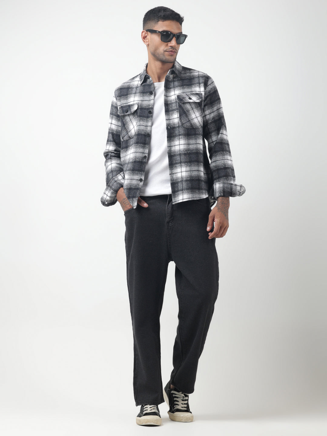 Men's Checked Black Plaid Shacket with Chest Pockets