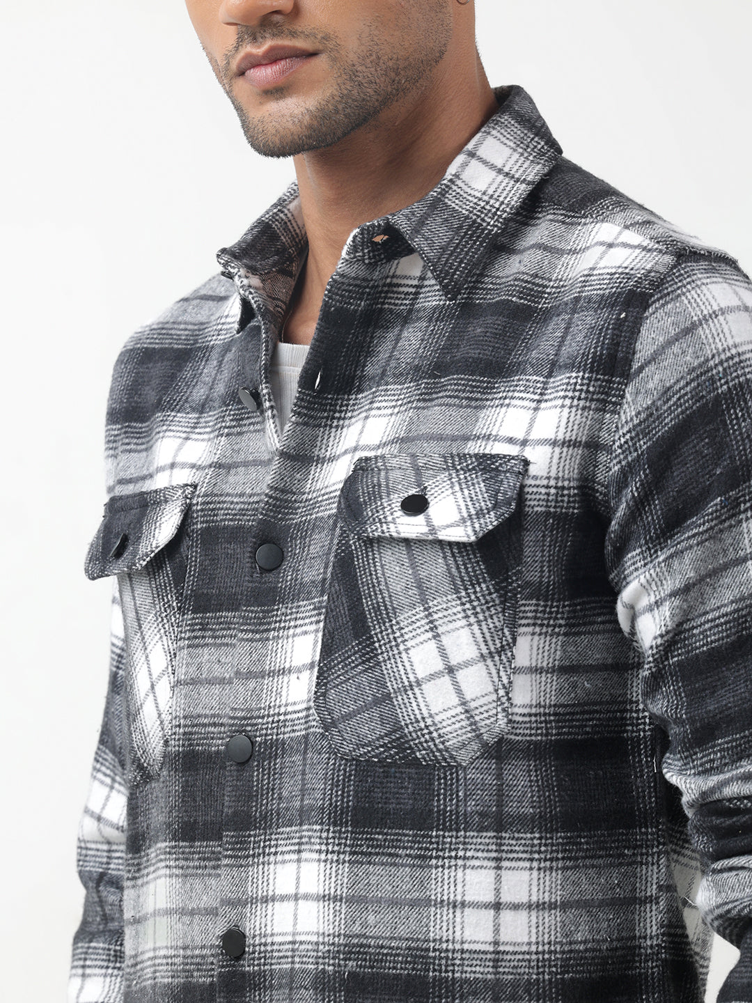 Men's Checked Black Plaid Shacket with Chest Pockets