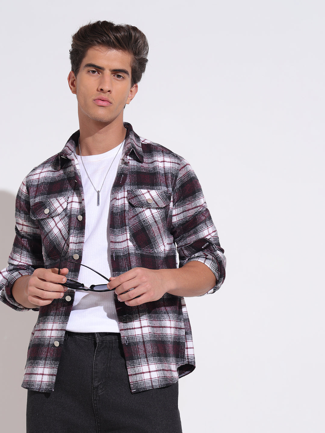 Men's Plaid Check Maroon Shacket with Chest Pockets