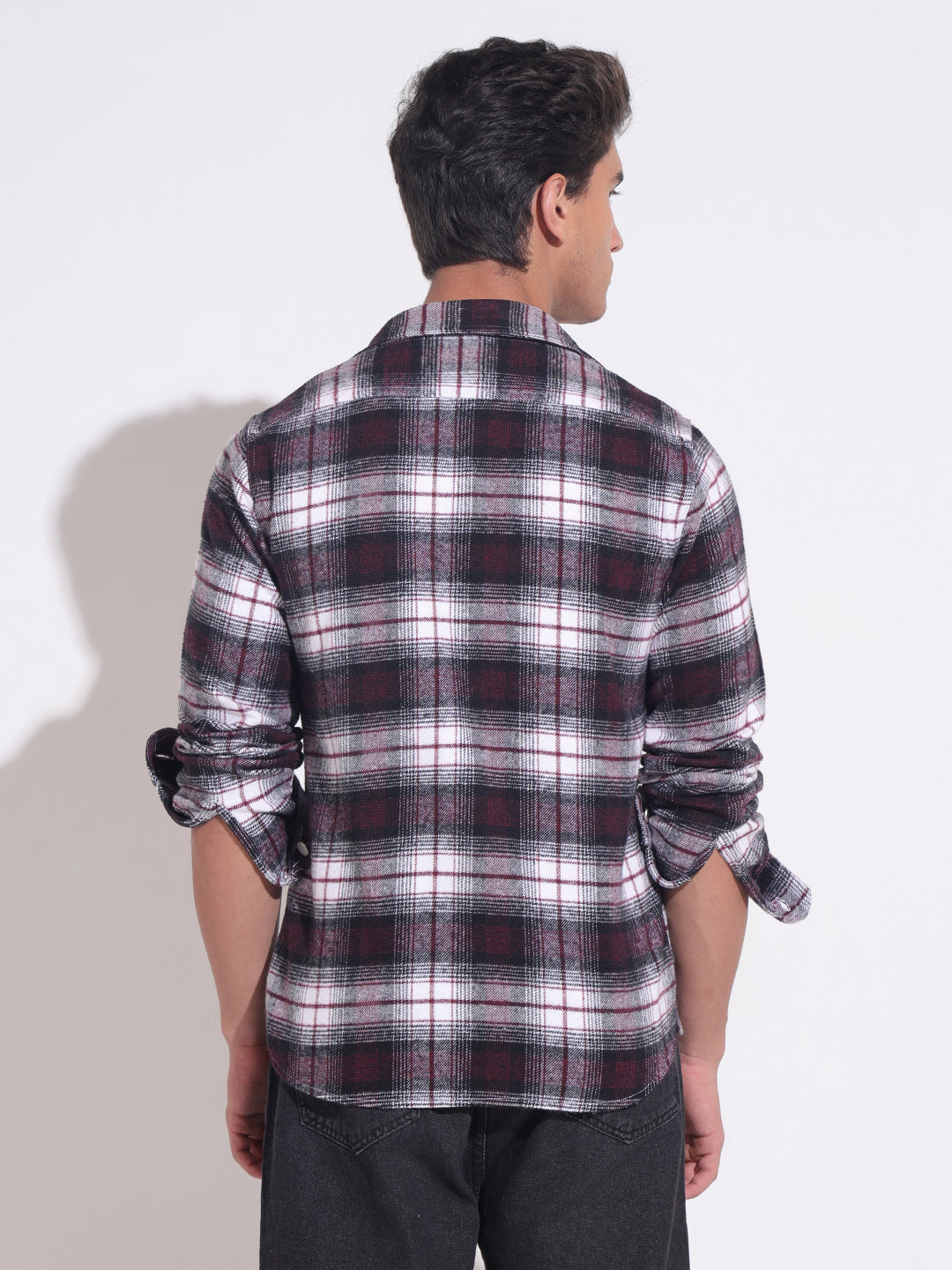 Men's Plaid Check Maroon Shacket with Chest Pockets