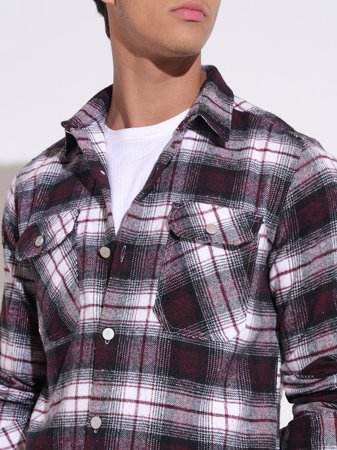 Men's Plaid Check Maroon Shacket with Chest Pockets
