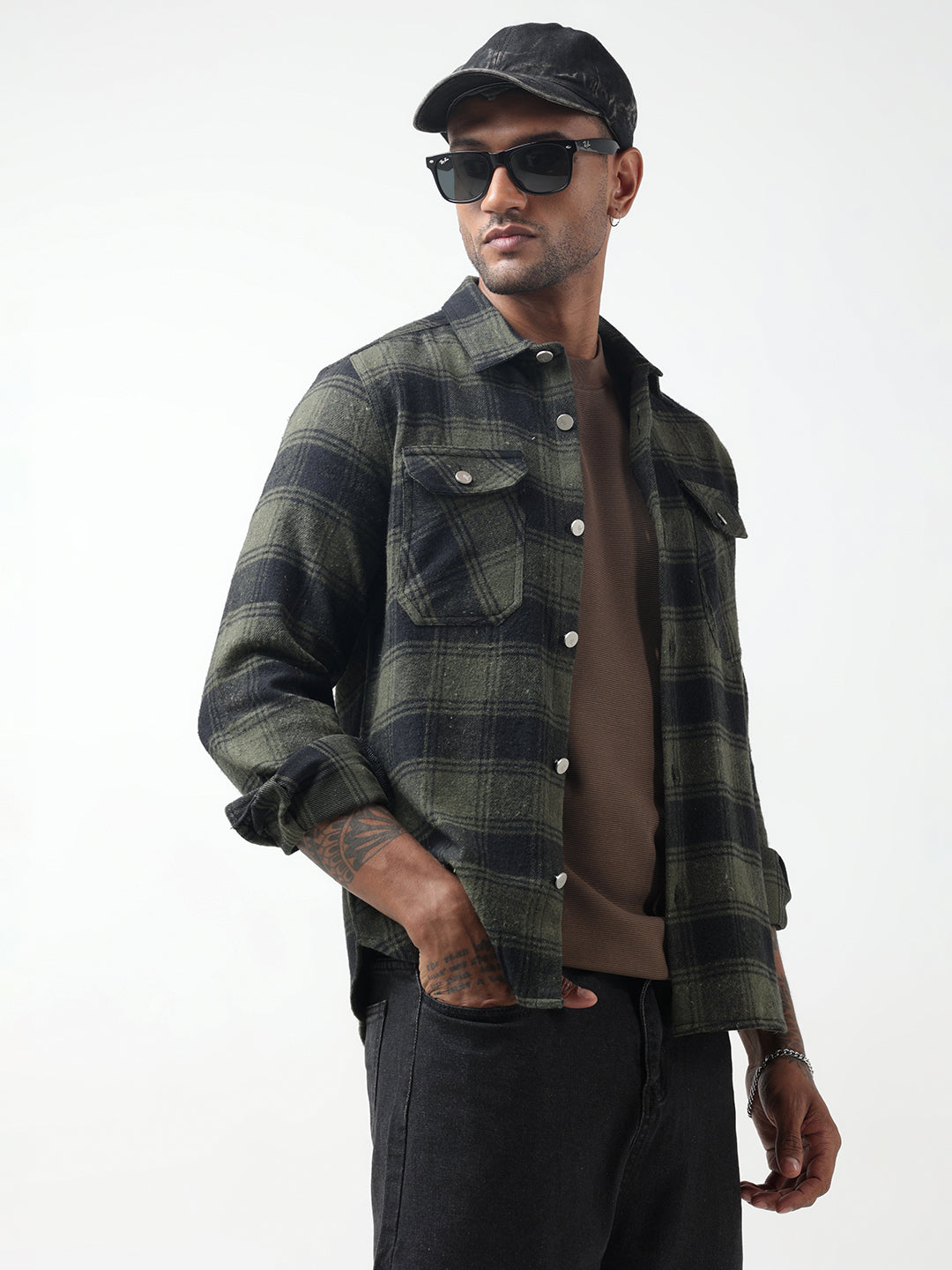 Men's Checked Green Plaid Shacket with Chest Pockets