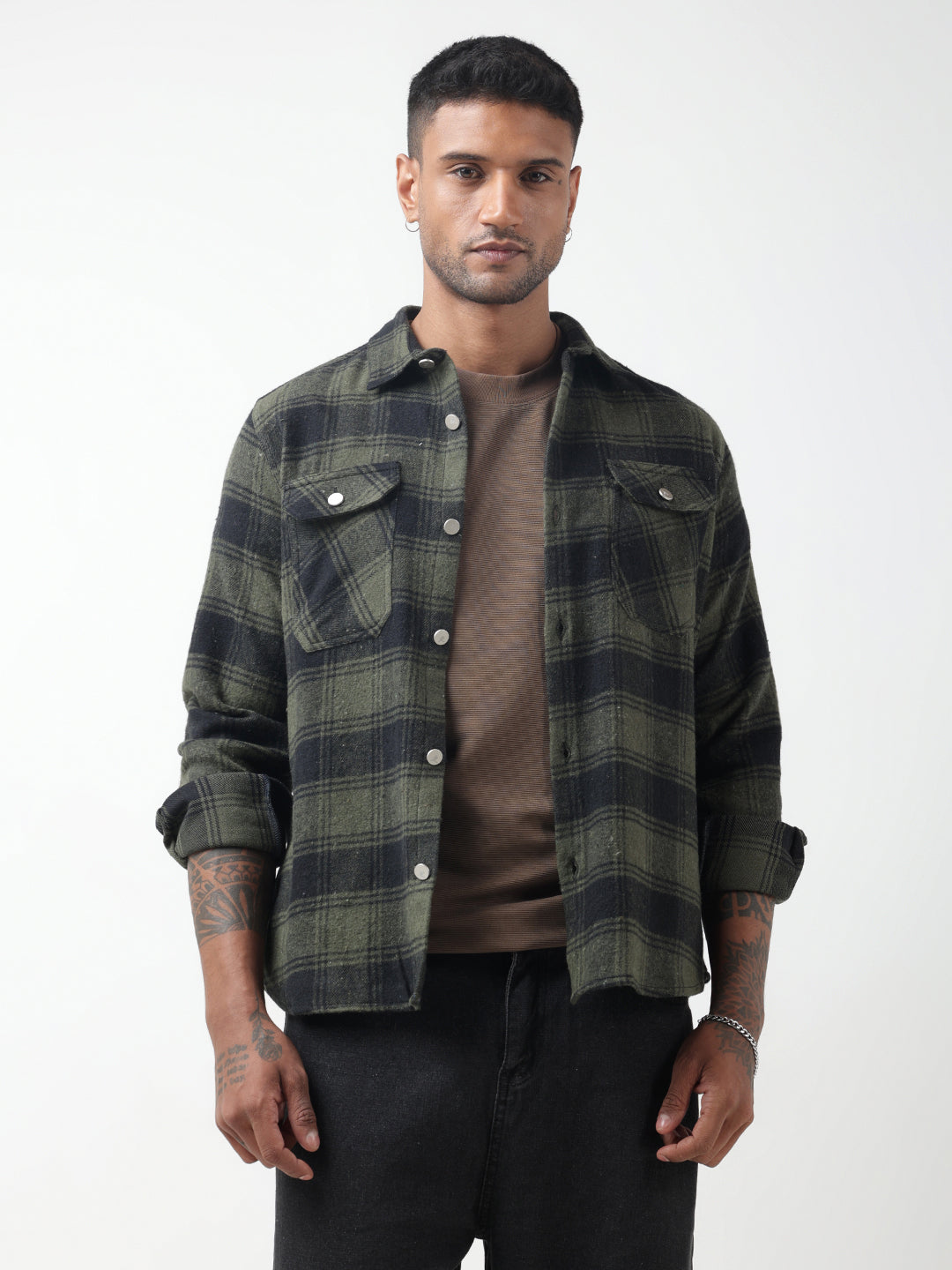 Men's Checked Green Plaid Shacket with Chest Pockets