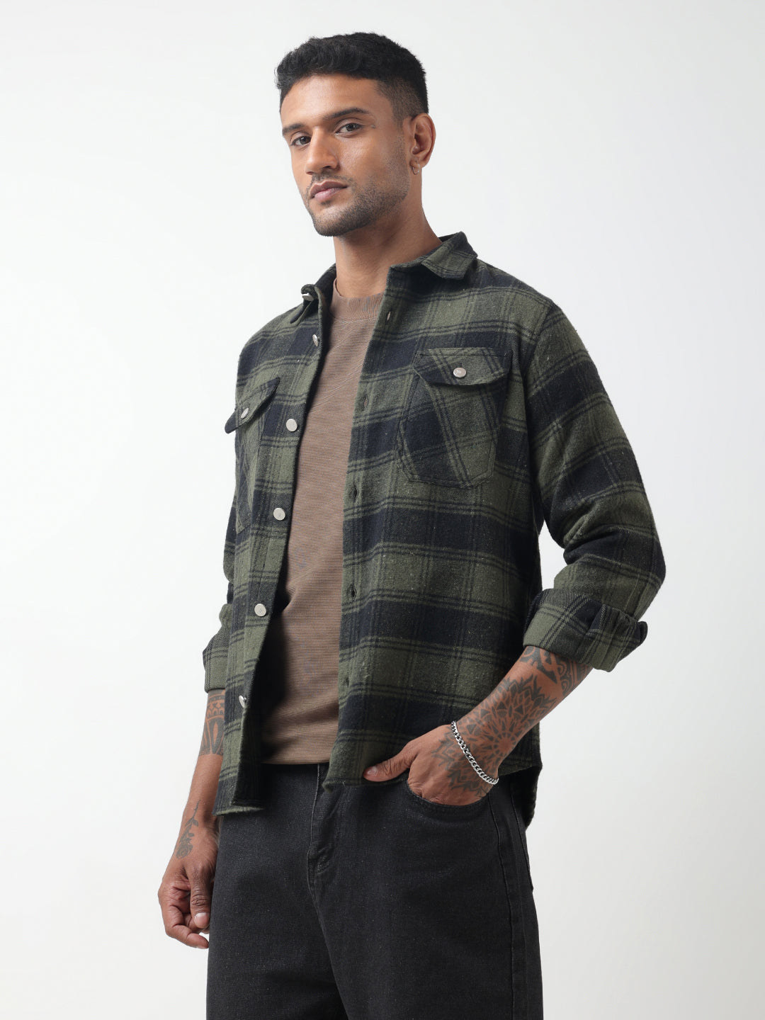 Men's Checked Green Plaid Shacket with Chest Pockets