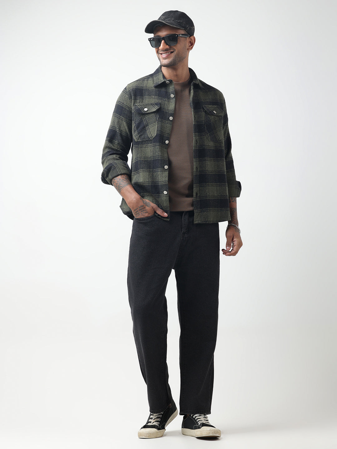 Men's Checked Green Plaid Shacket with Chest Pockets