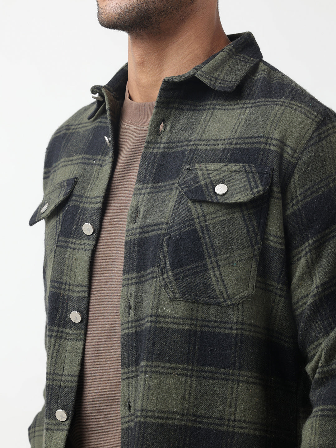 Men's Checked Green Plaid Shacket with Chest Pockets