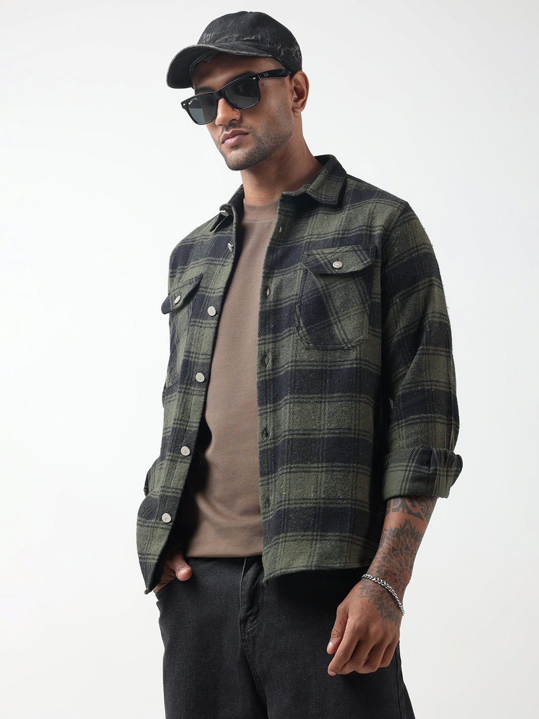 Men's Checked Green Plaid Shacket with Chest Pockets