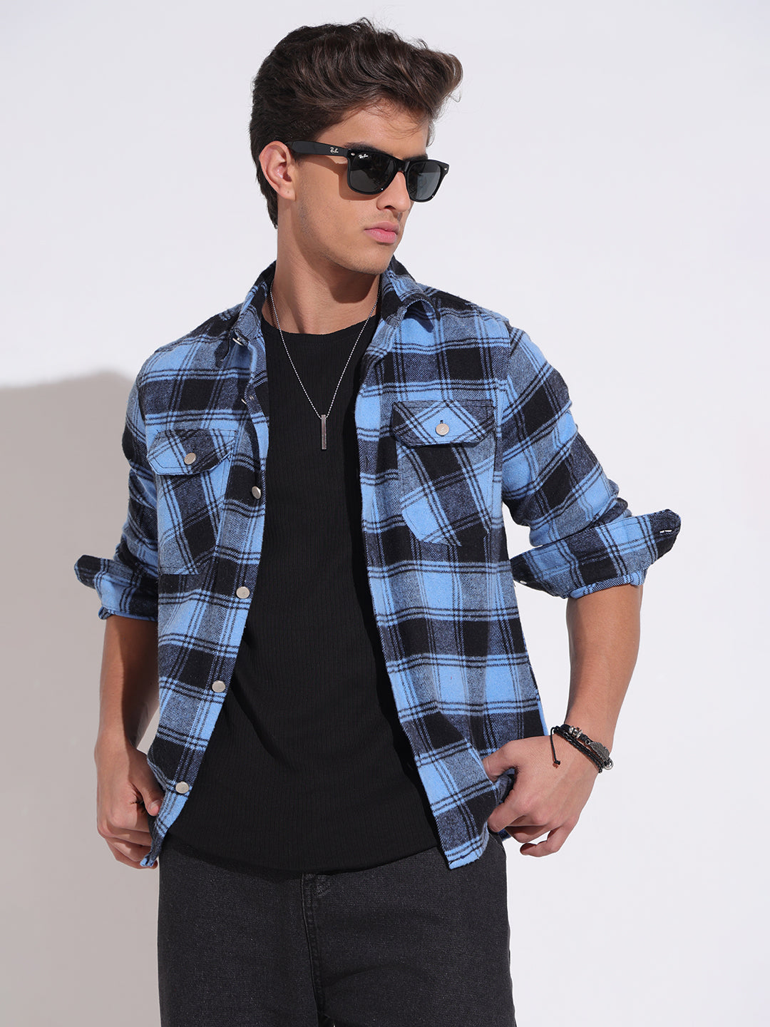 Men's Plaid Check Blue Shacket with Chest Pockets