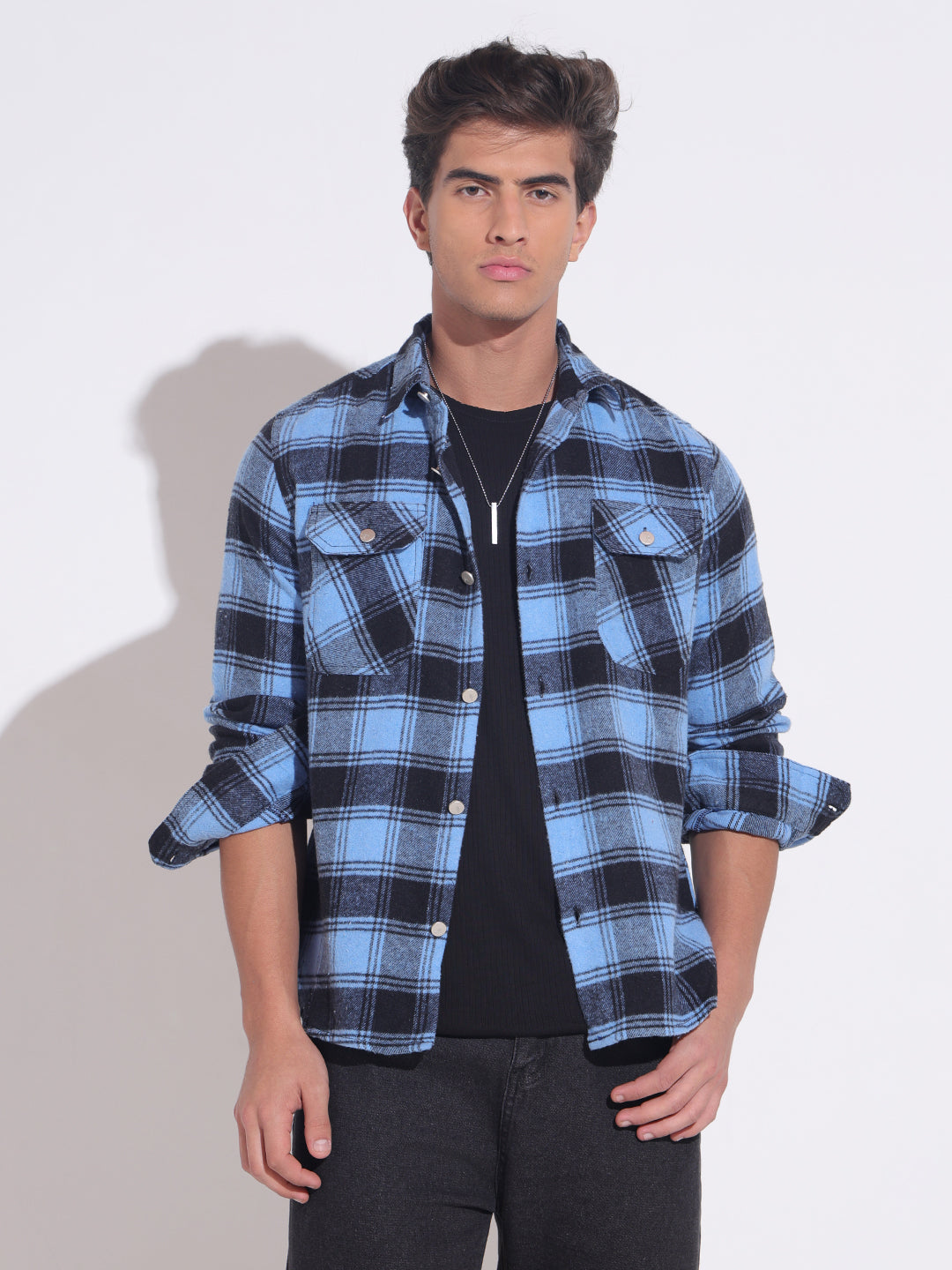 Men's Plaid Check Blue Shacket with Chest Pockets