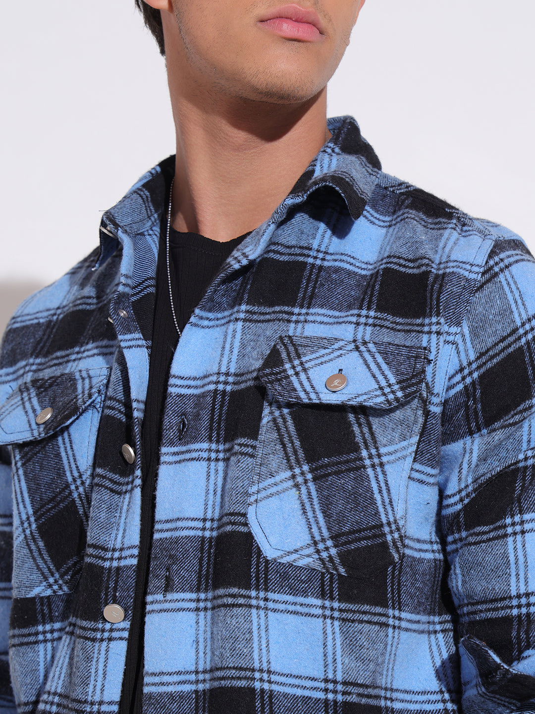 Men's Plaid Check Blue Shacket with Chest Pockets