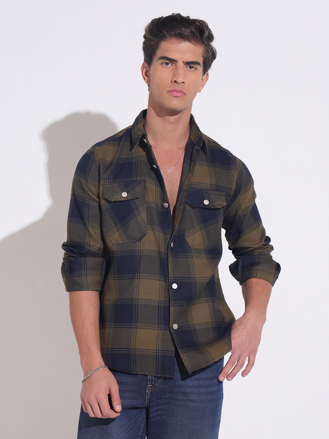 Men's Plaid Check Olive Shacket with Chest Pockets
