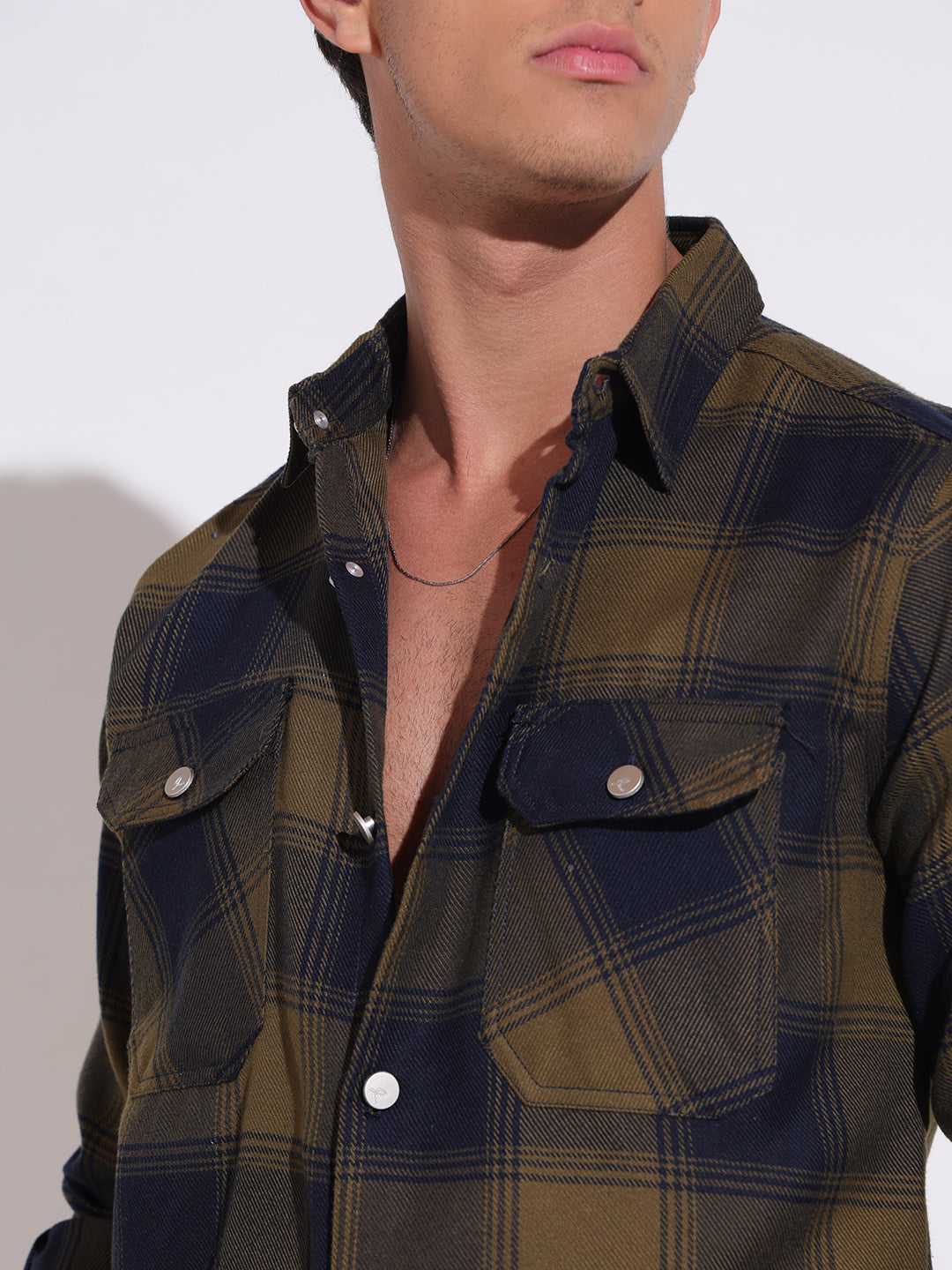 Men's Plaid Check Olive Shacket with Chest Pockets