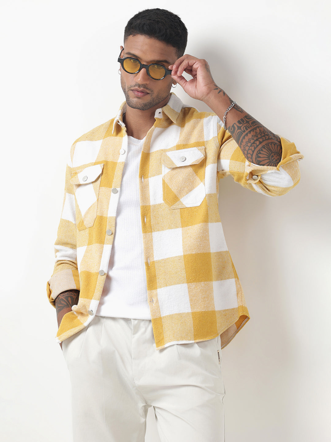 Men's Checked Yellow Regular Fit Shacket with Chest Pockets