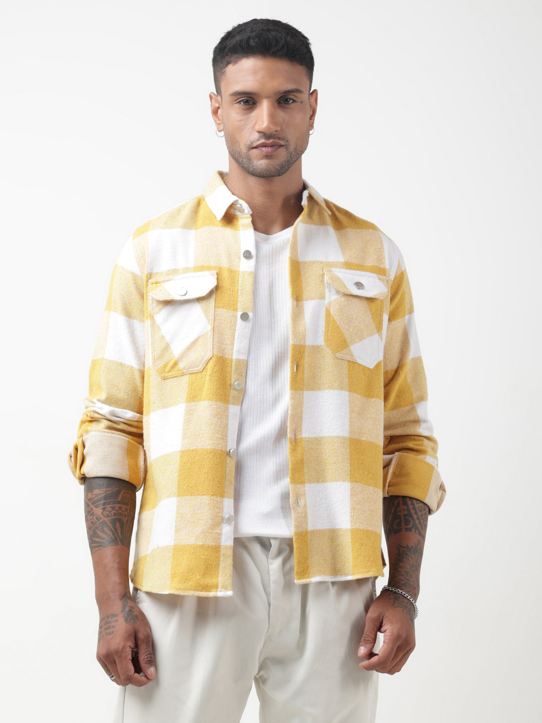 Men's Checked Yellow Regular Fit Shacket with Chest Pockets