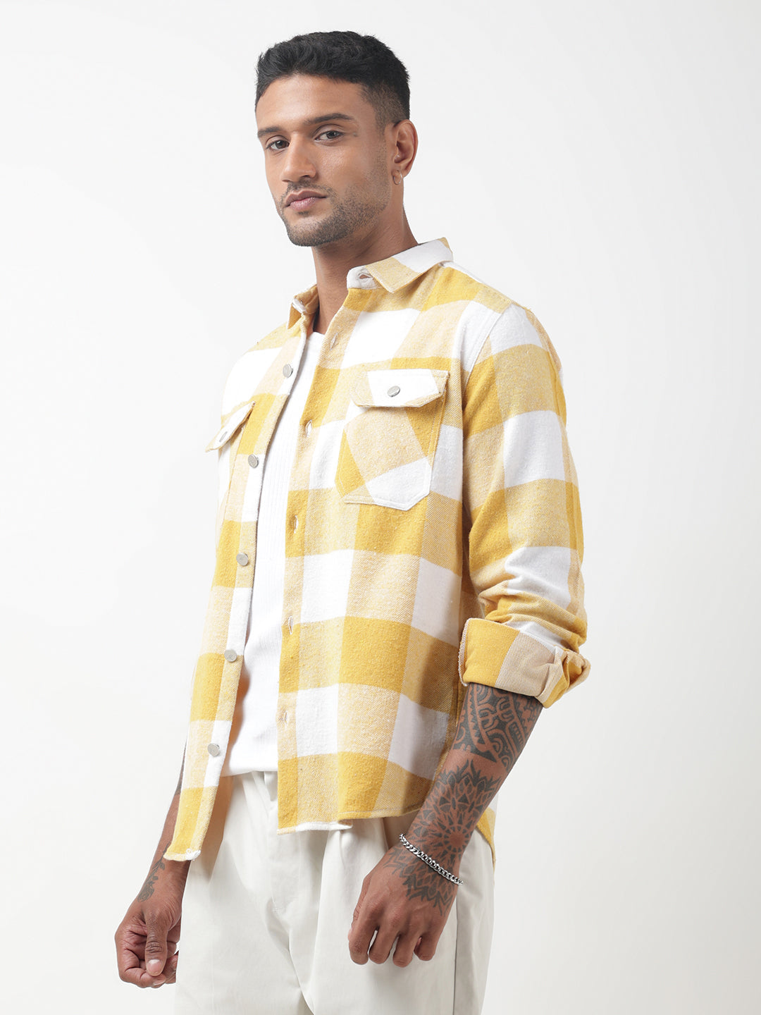 Men's Checked Yellow Regular Fit Shacket with Chest Pockets