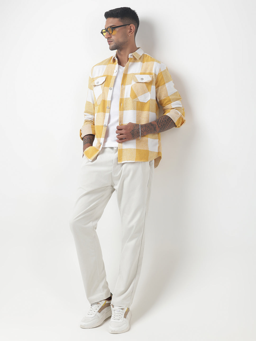 Men's Checked Yellow Regular Fit Shacket with Chest Pockets