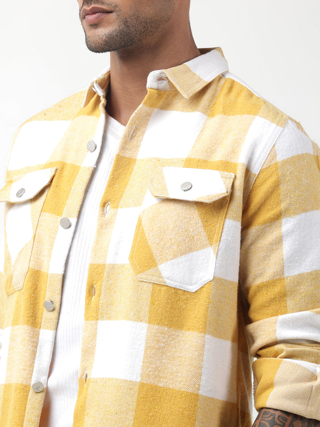 Men's Checked Yellow Regular Fit Shacket with Chest Pockets