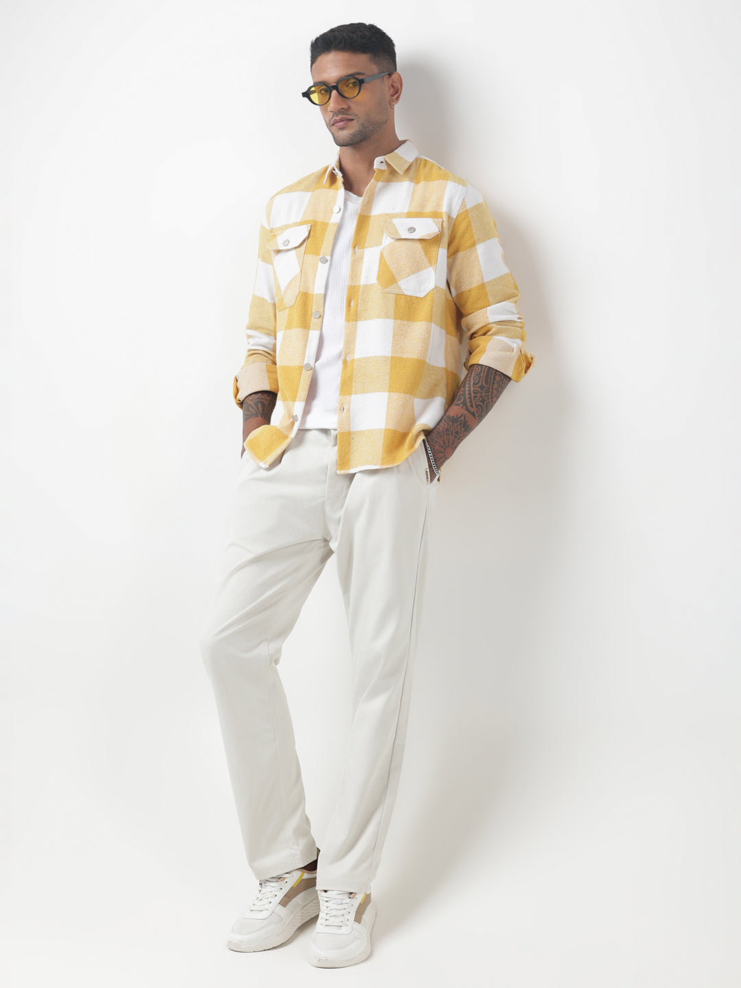 Men's Checked Yellow Regular Fit Shacket with Chest Pockets