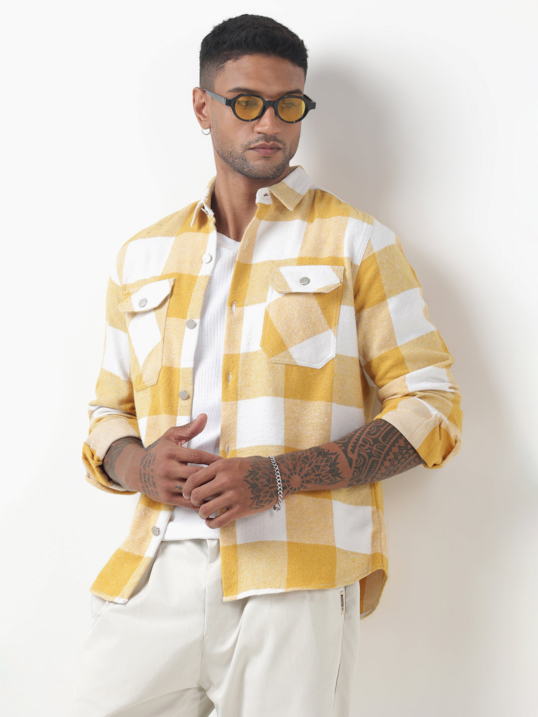 Men's Checked Yellow Regular Fit Shacket with Chest Pockets