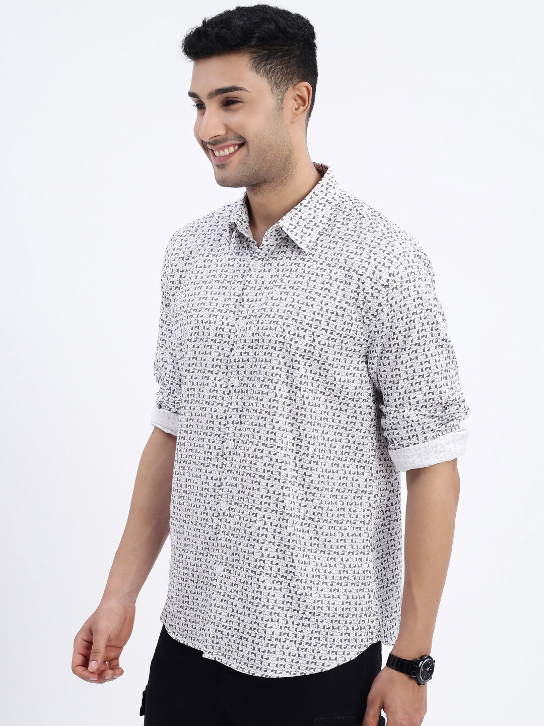 Men White Geometric Slim Fit Shirt