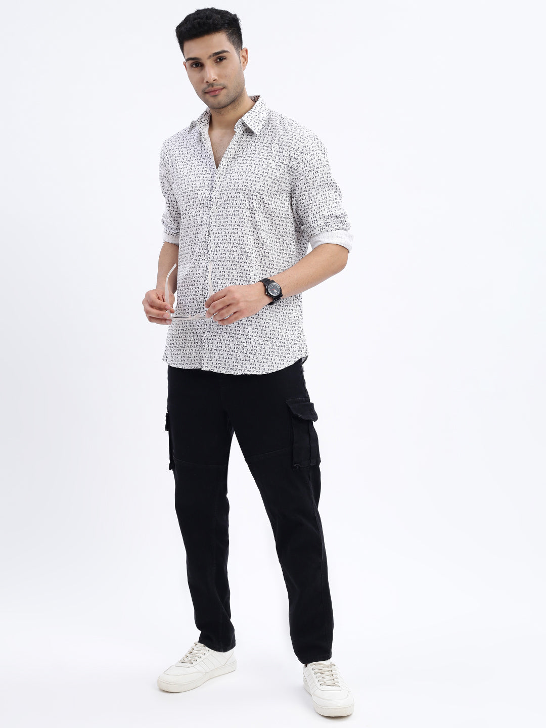 Men White Geometric Slim Fit Shirt