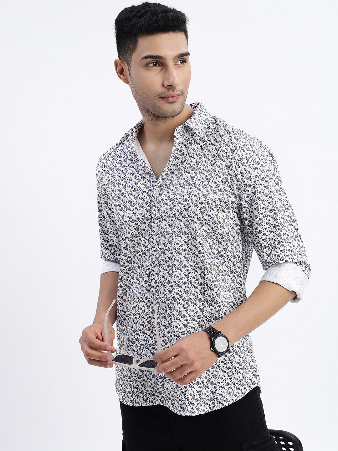 Men White Micro Print Slim Fit Shirt