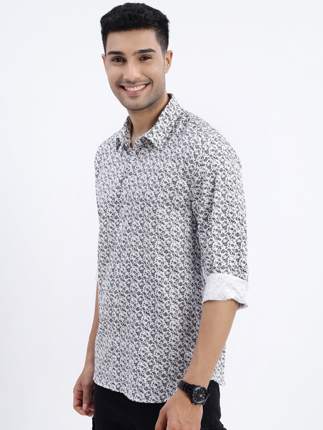 Men White Micro Print Slim Fit Shirt