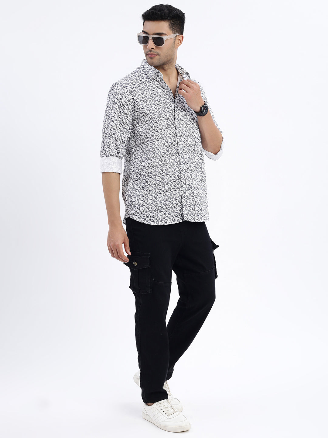 Men White Micro Print Slim Fit Shirt