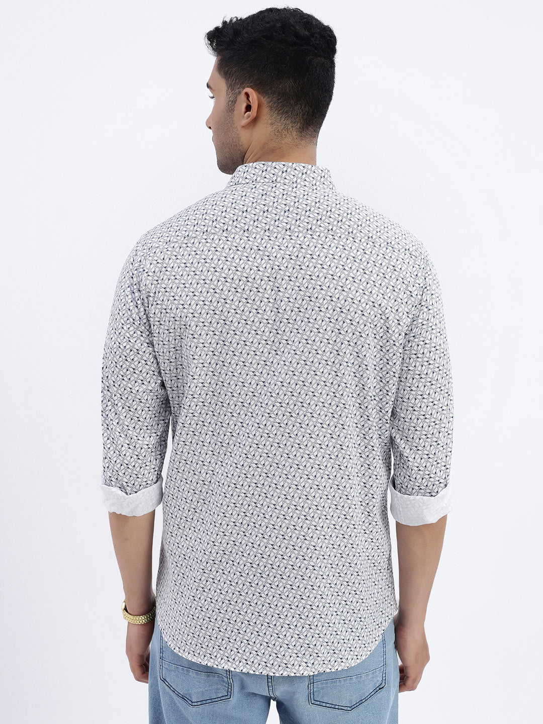 Men White Geometric Slim Fit Shirt