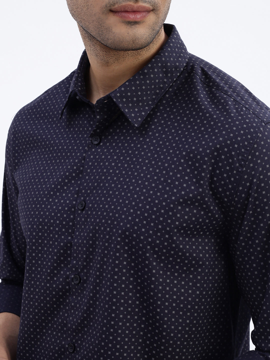 Men Navy Blue Micro Print Slim Fit Shirt