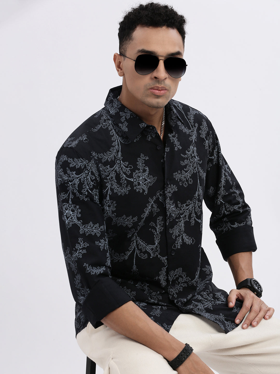 Men Black Floral Slim Fit Shirt