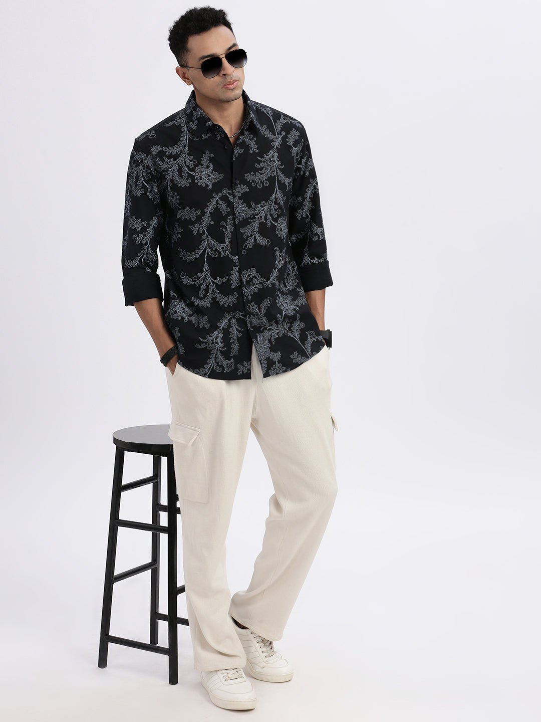 Men Black Floral Slim Fit Shirt