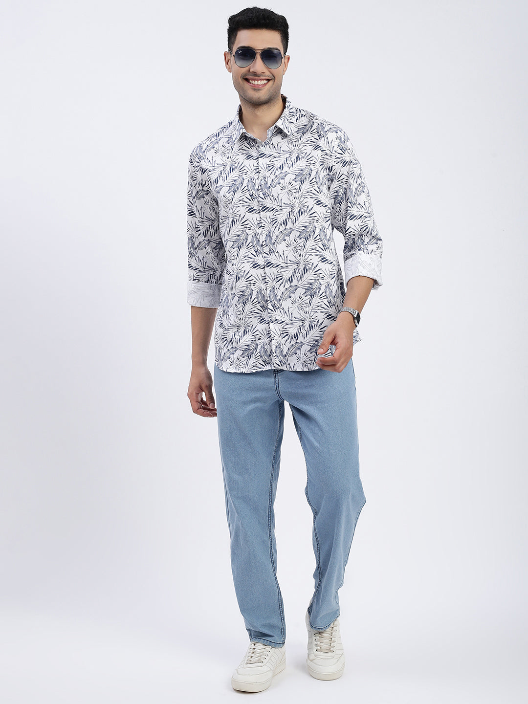 Men White Floral Slim Fit Shirt