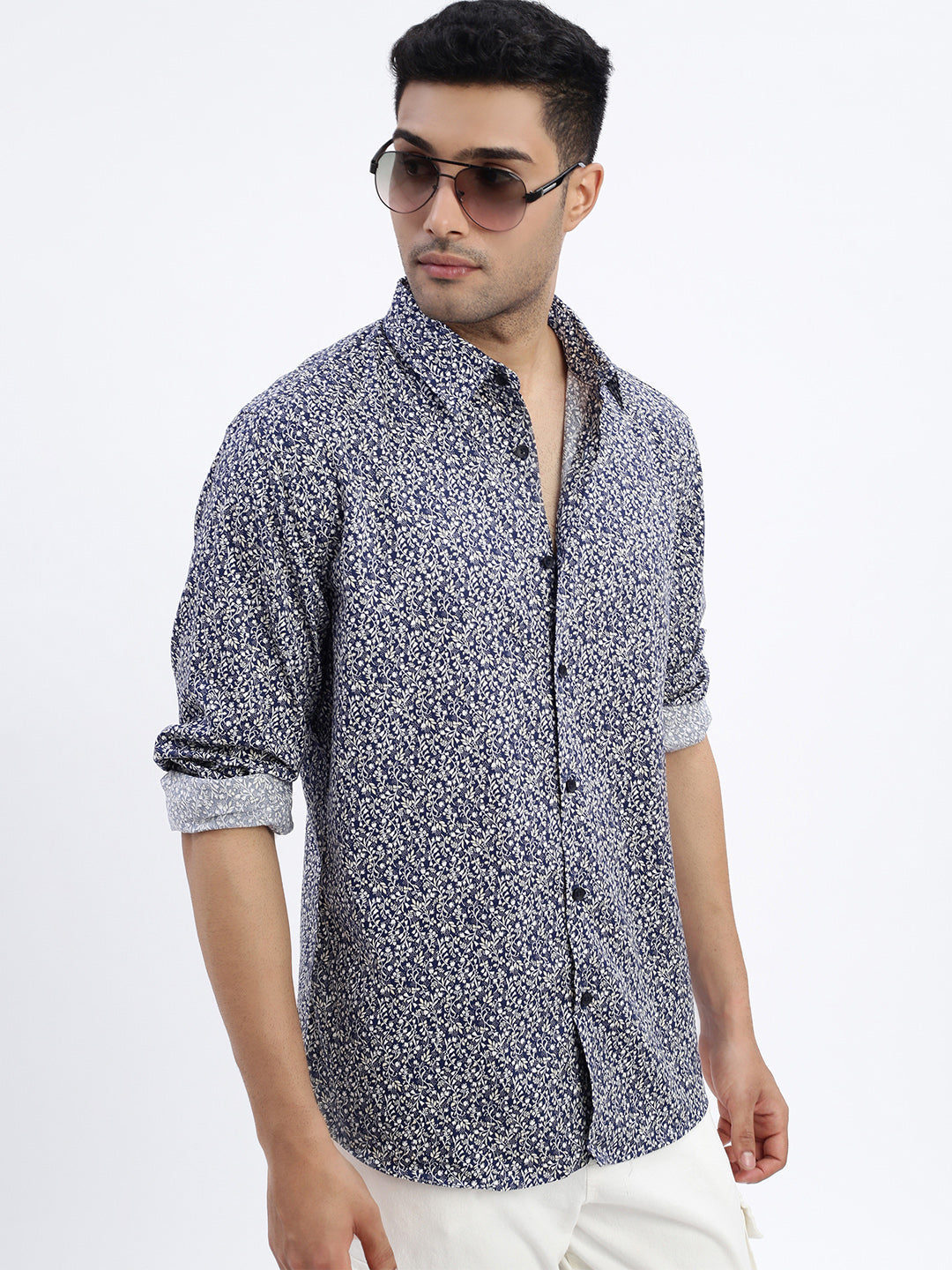 Men Navy Blue Micro Print Slim Fit Shirt