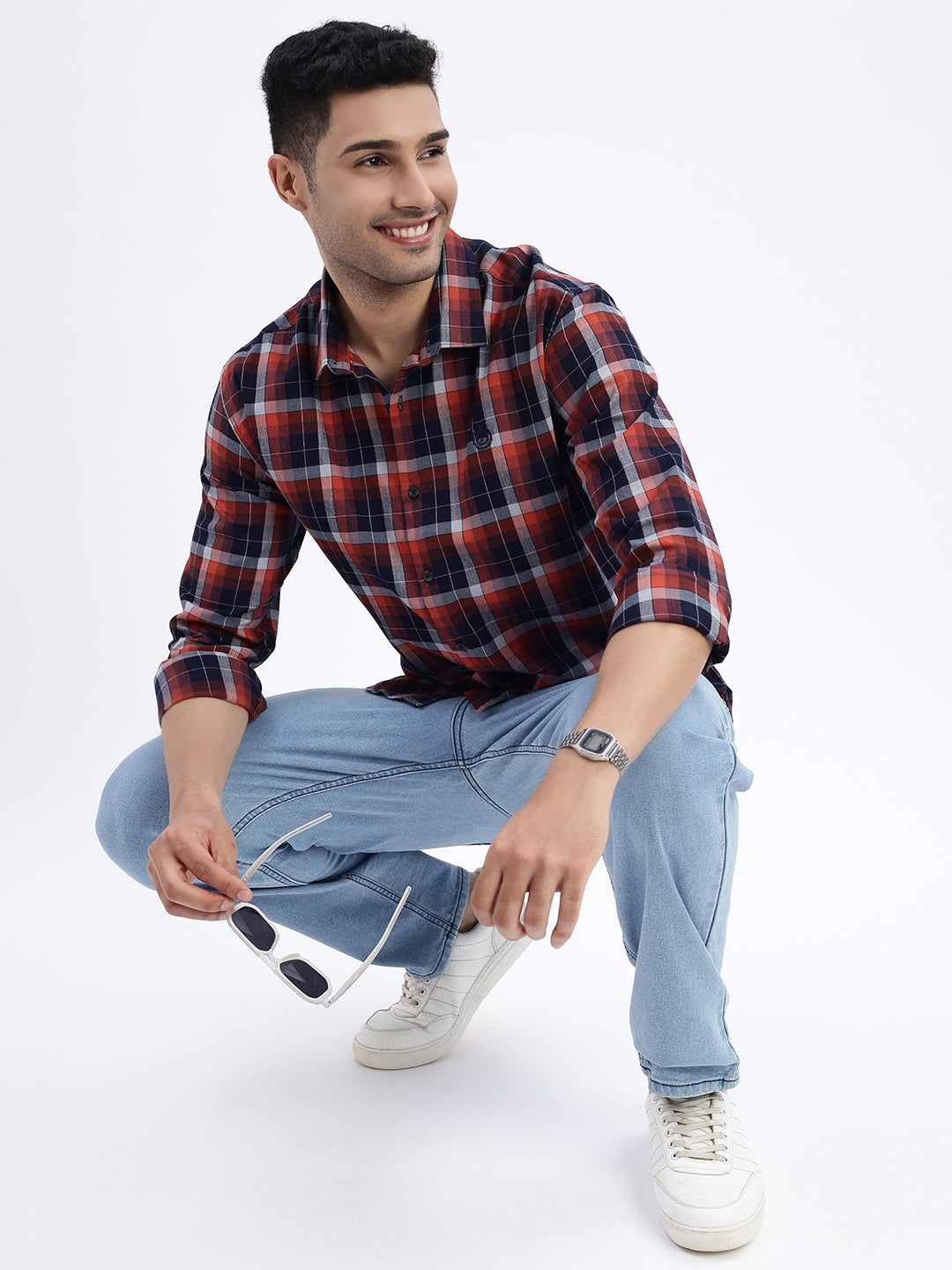 Men's Brown Tartan Checked Slim Fit Shirt