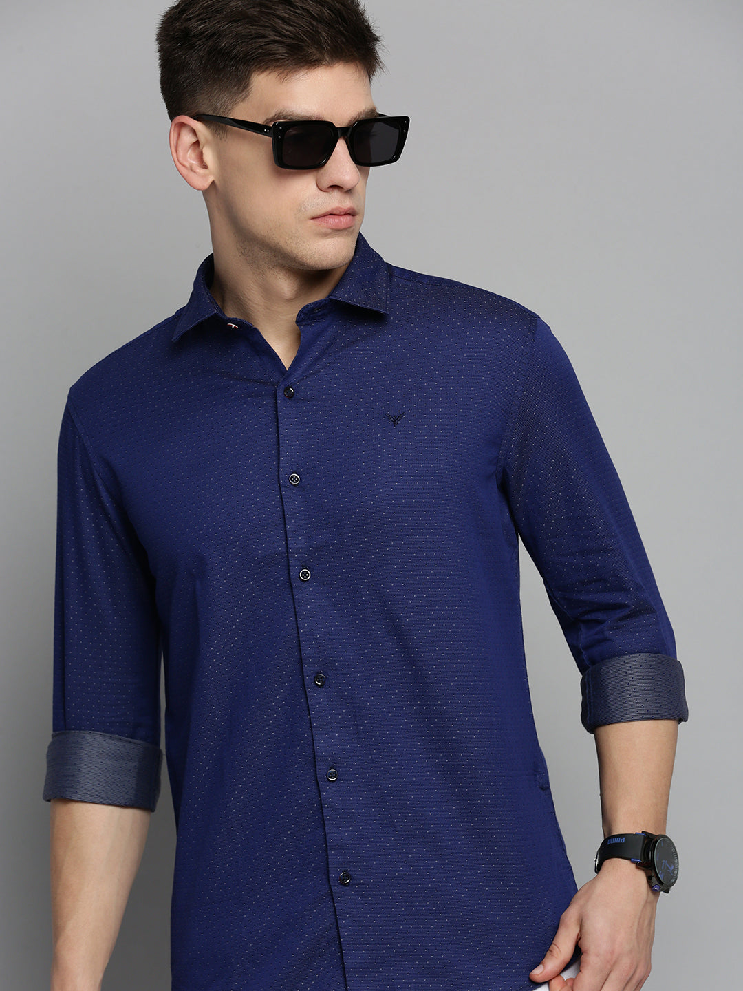 Men Spread Collar Printed Navy Blue Shirt