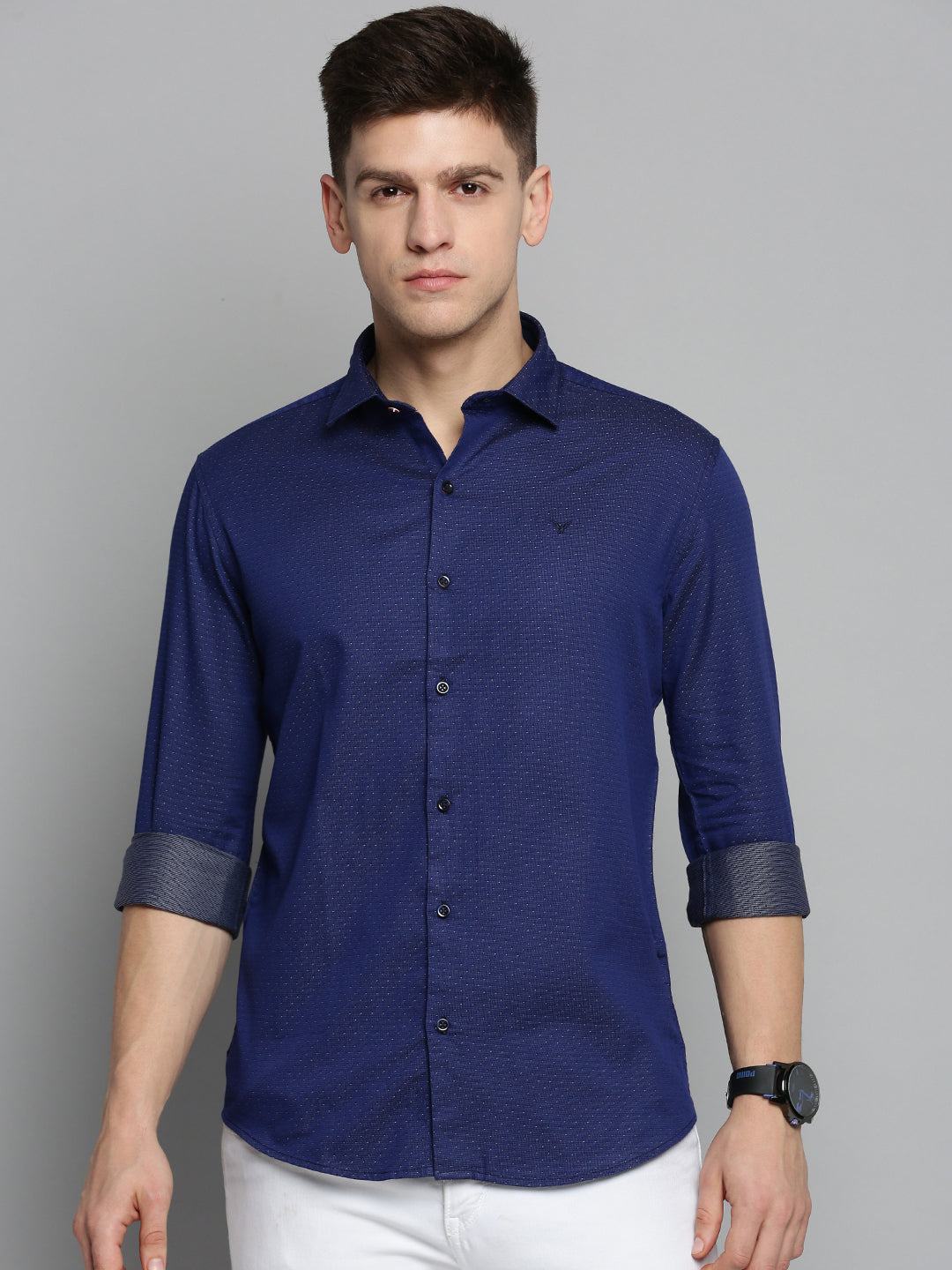 Men Spread Collar Printed Navy Blue Shirt