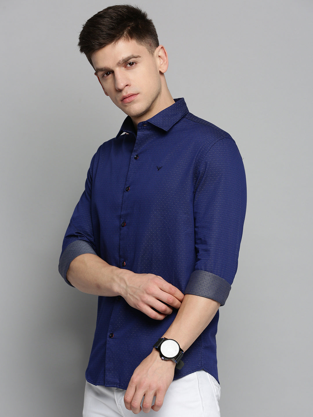 Men Spread Collar Printed Navy Blue Shirt