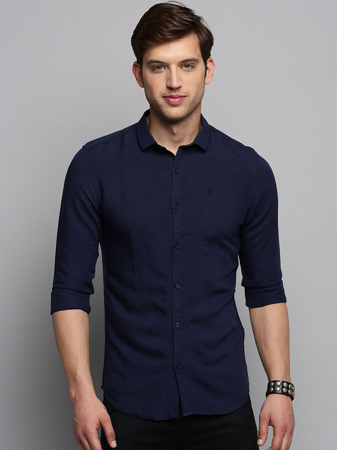 Men's Spread Collar Solid Navy Blue Shirt