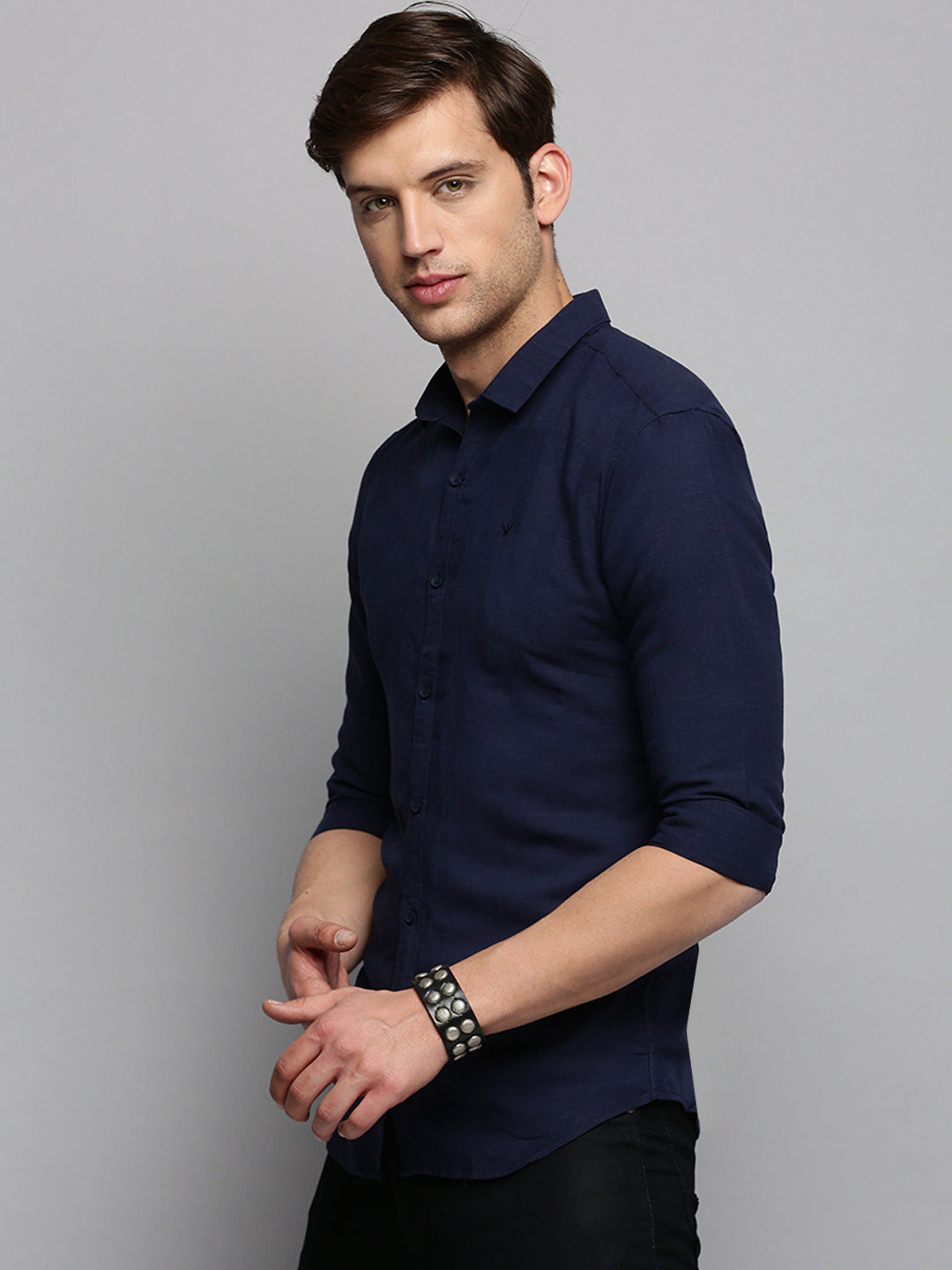 Men's Spread Collar Solid Navy Blue Shirt