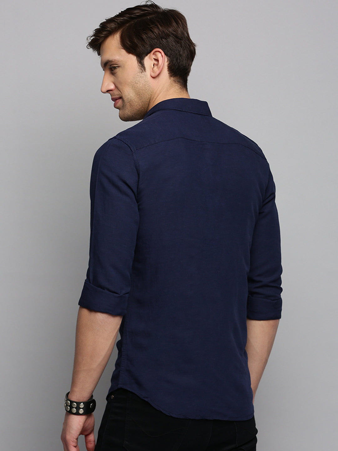 Men's Spread Collar Solid Navy Blue Shirt